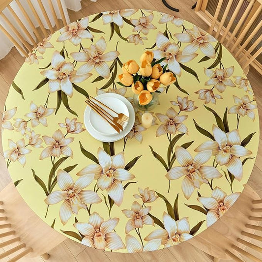 LIBERECOO Round Vinyl Fitted Tablecloth with Flannel Backing Elastic Edge Table Cover Waterproof Stain-Resistant Wipeable Tablecloths Fits 45-56 Inch Round Tables