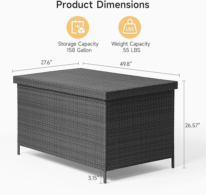 ONBRILL 158 Gallon XL Deck Box with Lid, All Weather Wicker Outdoor Storage Box Waterproof, Large Outdoor Patio Storage Bin for Cushions, Garden Tools, Gears, Pool Accessories, Black