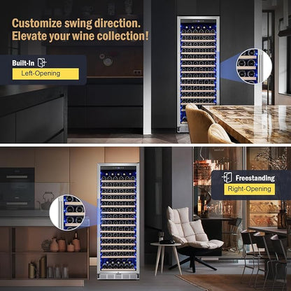 24" 173-Bottle Freestanding Wine Cooler, Low Noise with Sliding Shelves | Tall design, Compressor fast cooling, Low noise, Reversible door, Digital temp display, Black finish, Home or commercial use