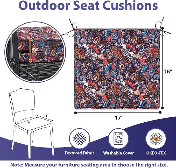 IPYNBAP Outdoor Chair Cushions Set of 4 -Waterproof Outdoor Seat Cushions for Patio Furniture, Patio Chair Cushion with Handle and Ties, Out Door Chair Pads,17x16x2-Square, Artistic Floral