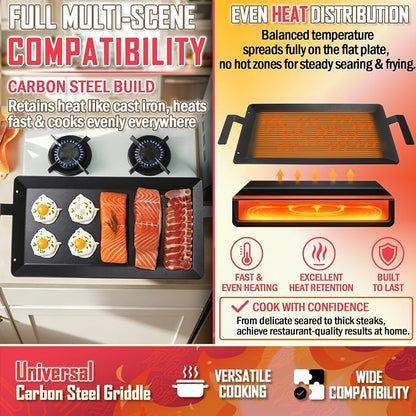 Universal Carbon Steel Griddle for Gas Grill, Stove top & Induction Cooktop | Griddle Pan Fits Versatile Stovetop Oven; Flat Top Plate for Charbroil Etc. All Gas & Charcoal Grill 24" x 10" with gloves