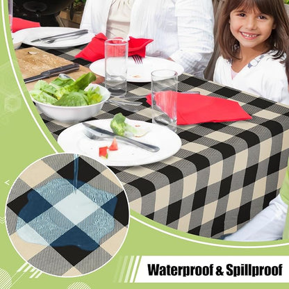Smiry Picnic Table Cloth, Vinyl Tablecloths with Flannel Backing, 60"x102" | Waterproof Rectangle Table Cloth, Wipeable Buffalo Plaid Table Cover for Indoor and Outdoor (Black & Beige)