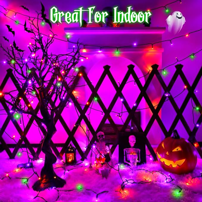 Halloween Lights String Total 100LED Battery Operated Outdoor 8 Modes with Timer 16.4Ft*2, 50LED*2 Waterproof Fairy Lights Indoor for Halloween Decor, Orange&Purple&Green, 2-Pack