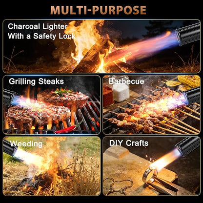 Propane Torch with Adjustable Flame, Powerful Kitchen Torch Gun with Safety Lock & Cooling Vents, Blow Torch Flamethrower for Grill, Sous Vide, BBQ, Charcoal Lighter (Tank Not Included)