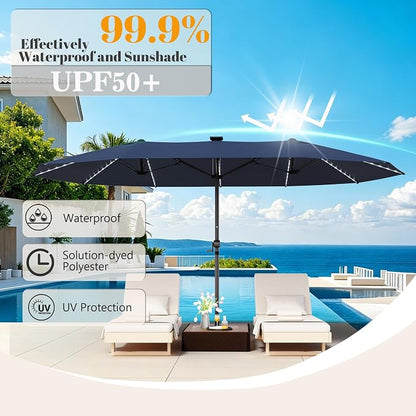 GDPFN 15ft Rectangular Patio Umbrella with Solar LED Lights, Double-Sided Outdoor Market Umbrella Extra Large Shade for Pool, Deck, Backyard, Garden, Navy Blue (Base Not Include)