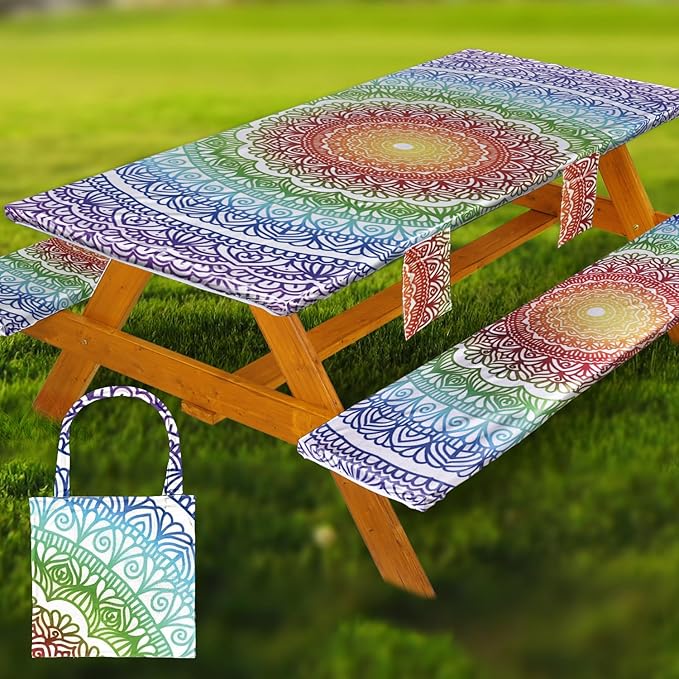 Wrakus Picnic Table Cover with Bench Covers Vinyl Elastic Edges Fitted Rectangle Seat Tables Waterproof 3-Piece96X30in Set Outdoor Rectangular Folding Backing Tablecloth for Camping Over Size