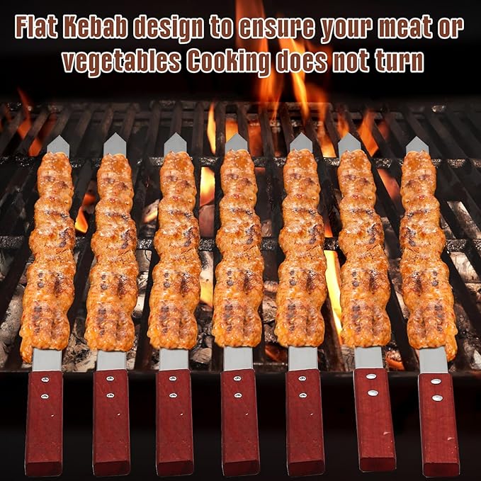 Idong 10 PCS Kabob Skewers 23.6" Flat Stainless Steel BBQ Skewers for Grilling Meat with Wood Handle and Tip Guards, Heavy Duty Reusable for Koobideh Persian Brazilian Shish Kebab