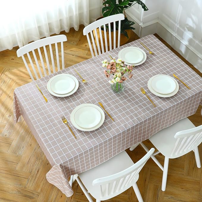 Romanstile Rectangle Vinyl Tablecloth, 100% Waterproof Oil-Proof Checkered Plastic Table Cloth, Heavy Duty Wipeable Table Covers for Dining, Camping, Picnic, Outdoor - 54 x 108 Inch, Sand