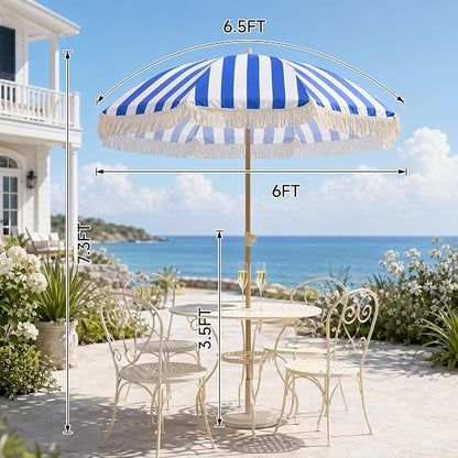 6.5FT Boho Patio Umberlla with Fringe,UPF50+ Outdoor Umbrella with Fiberglass Ribs and Push Button Tilt,Tassels Umbrella for Beach,Terrace,Picnic