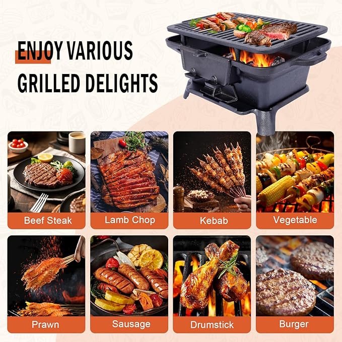 Portable Cast Iron Hibachi Grill - Pre-Seasoned Charcoal Grills, Double-Sided Grate & Adjustable Air Vents, BBQ for Camping, Backyard, Tailgating (Rectangle)
