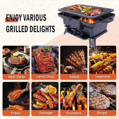 Portable Cast Iron Hibachi Grill - Pre-Seasoned Charcoal Grills, Double-Sided Grate & Adjustable Air Vents, BBQ for Camping, Backyard, Tailgating (Rectangle)