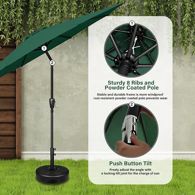 YSSOA 9' Patio Umbrella with 50lbs 20" Capacity Fillable Heavy Duty Round Base, 8 Sturdy Ribs, for Outdoor Lawn, Deck, Poolside, Green and Black