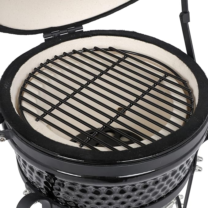 13" Ceramic Charcoal Grill - Multifunctional Barbecue Grill for Variations on Cooking Methods, Outdoor Tabletop Portable Grill (Black)