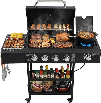 4-Burners Propane Gas BBQ Grill with Top Cover Lid&Side Burner, 50,000BTU Outdoor Gas Grill with Stainless Steel Grates, Storage Racks & Hooks for Patio Yard (Black without Door)