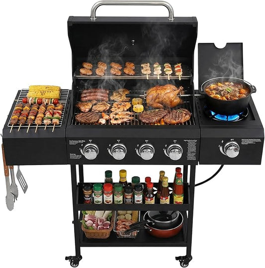 4-Burners Propane Gas BBQ Grill with Top Cover Lid&Side Burner, 50,000BTU Outdoor Gas Grill with Stainless Steel Grates, Storage Racks & Hooks for Patio Yard (Black without Door)