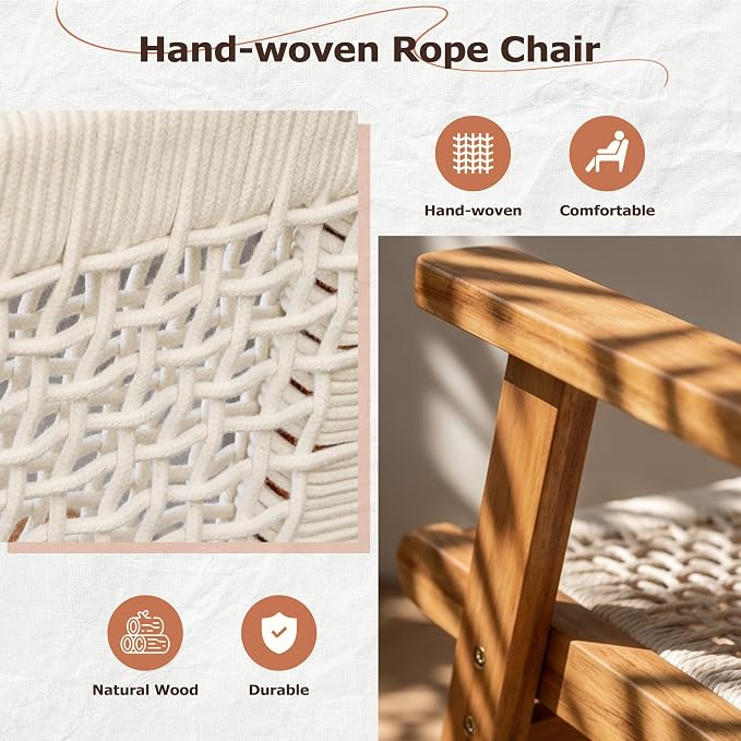 Greesum Acacia Wood Patio Recliner Chairs | 2 Pack Modern Rope Accent Recliners, Outdoor Lounge Seating for Balcony, Porch, Backyard & Poolside