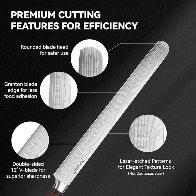 DiiHAUZZ Brisket Slicing Knife, 12" Carving Knife Razor Sharp High Carbon Steel with Ergonomic Pakkawood Handle for Meat, Roast Beef, BBQ, Turkey, Grilling Gift for Men