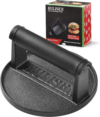 HULISEN Pre-Seasoned Cast Iron Burger Press, Heavy Duty 6” Burger Smasher for Griddle with Heat Resistant Handle, Grill Press for Hamburger, Bacon, Meat, Steak, Patty, Barbecue Grilling Tool, 2.3lb
