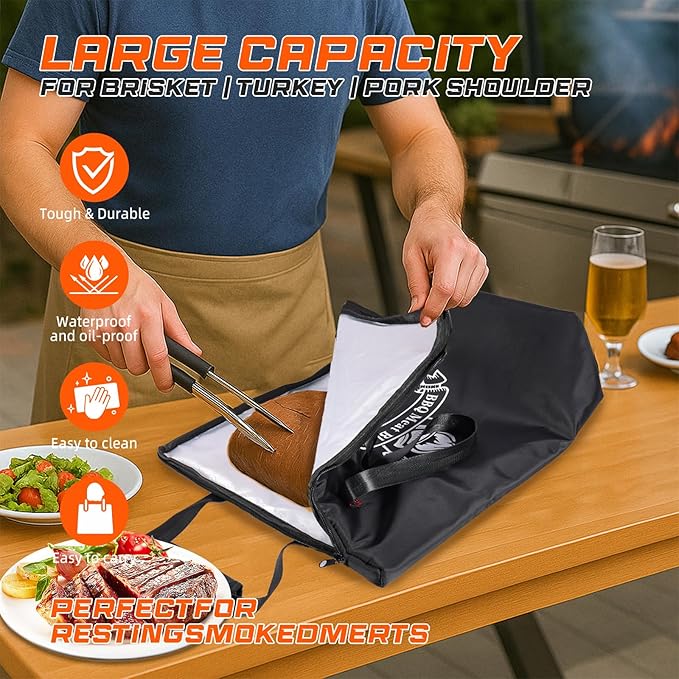 BBQ Blanket for Resting Meat, Smoker Meat Insulated Resting Bag made of Washable Oxford Cloth, Large Brisket Resting Blanket– Gifts for Men, Dad, BBQ Lovers, Christmas Gifts (21in New Black)