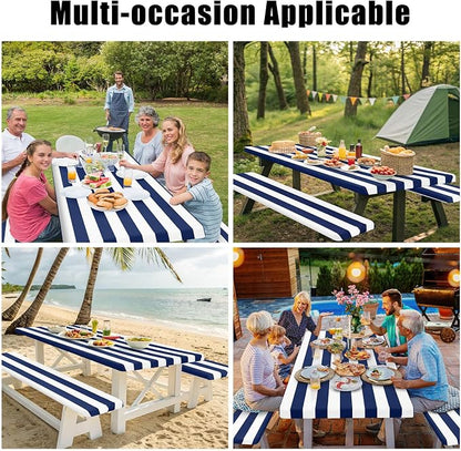 Smiry Picnic Table Cover with Bench Covers, Waterproof Elastic Fitted Tablecloth for 6 Foot Tables, Washable Polyester Tablecloths for Camping, Indoor & Outdoor (Navy Stripe, 30x72 Inch 3-pc Set)