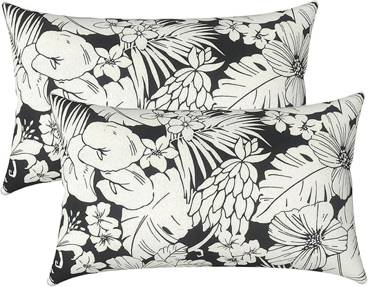 LVTXIII Outdoor/Indoor Lumbar Pillows, Decorative Patio Lumbar Cushions, Fluffy Fade Resistant Throw Pillow Cushions for Home Patio Coach Sofa, 12×20 Inch, Pack of 2, Tropical Blossom Noir