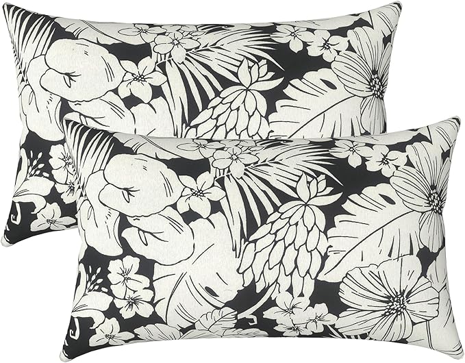 LVTXIII Outdoor Lumbar Pillow Covers Only Set of 2 Patio Decorative Pillow Cases, Water Repellent Lumbar Cushion Cases for Sofa, Patio Couch Garden Use, 12x20 Inch, Tropical Blossom Noir
