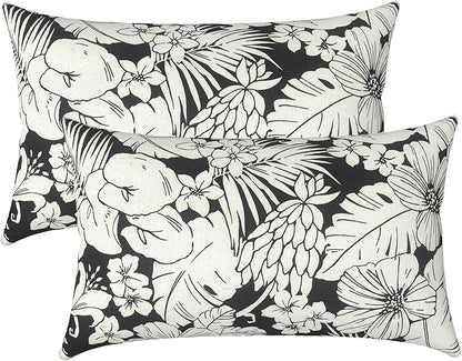 LVTXIII Outdoor Lumbar Pillow Covers Only Set of 2 Patio Decorative Pillow Cases, Water Repellent Lumbar Cushion Cases for Sofa, Patio Couch Garden Use, 12x20 Inch, Tropical Blossom Noir
