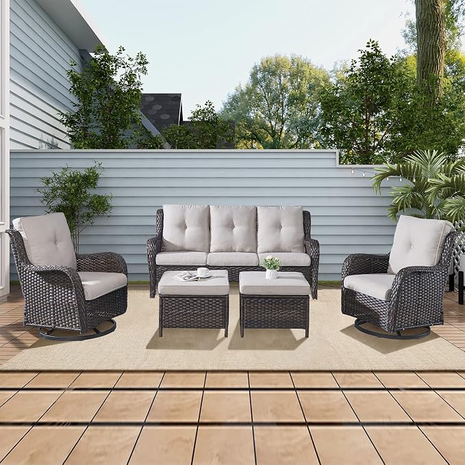 Rilyson Wicker Outdoor Patio Sofa with Ottoman, Large 3 Seater Wicker Patio Couch with 4in Replaceable Seat Cushions and Deep Seating, All Weather for Backyard, Garden, Poolside (Brown/Beige)