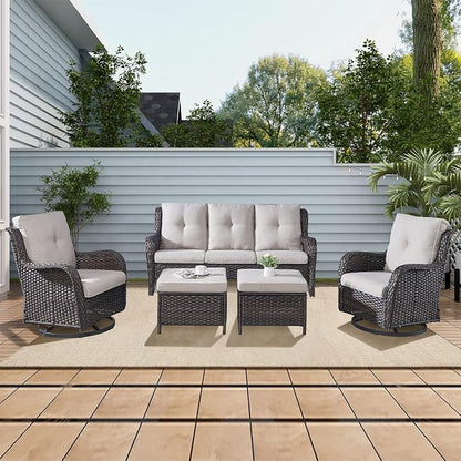 Rilyson Wicker Outdoor Patio Sofa with Ottoman, Large 3 Seater Wicker Patio Couch with 4in Replaceable Seat Cushions and Deep Seating, All Weather for Backyard, Garden, Poolside (Brown/Beige)