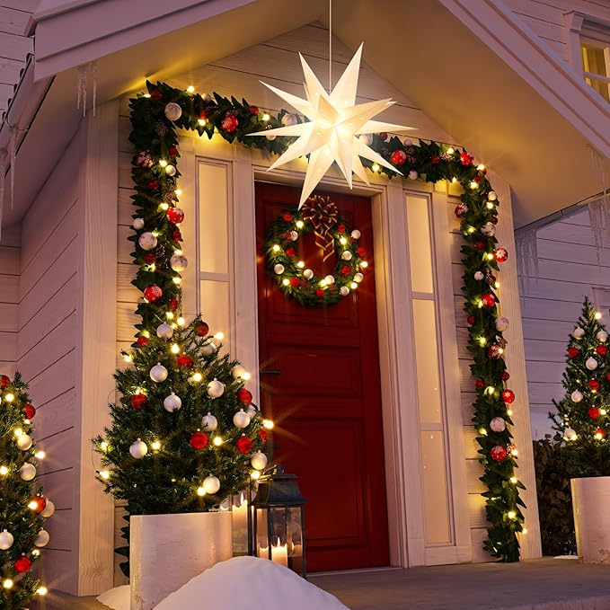 23" Plug-in Moravian Star Outdoor Light with Timer, Warm White 3D PVC Christmas Star IP44 Waterproof Hanging Decoration for Porch, Garden, Wedding, Indoor Holiday Display