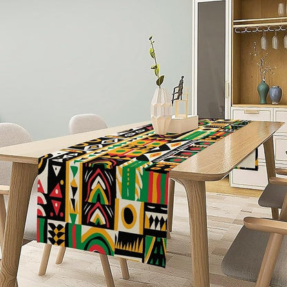 African Tribal Table Runner, Retro Geometric Ethnic Abstract Folk Red Green Yellow Seasonal Table Runner Decor for Kitchen Farmhouse Home Holiday Parties 13x60in