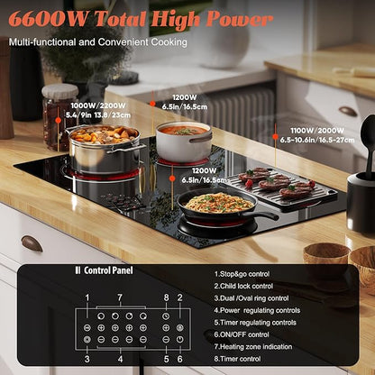 4 Burner Electric Cooktop, Built-in 30 Inch Electric Stove Top 6600W, Ceramic Stove Top with Expanded Zone, Touch Control, Child Lock, Timer, Pause Control, 220V - 240V Hard Wire, No Plug