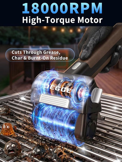 DEGGE Electric Grill Brush, Cordless BBQ Grill Cleaner with 4500mAh | Battery, 800RPM High-Torque Motor, Built-in LED Light, 304 Stainless Steel Roller Brush for Uncoated Gas & Charcoal Grills