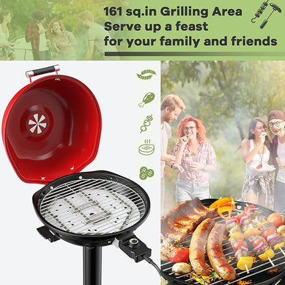 ORALNER Electric Grill Outdoor/Indoor, 15- Serving Electric Barbecue Grill w/Round Lid, Removable Non-Stick Grilling Rack, Oil Drip Tray, 1600W Portable Standing BBQ Grill for Apartment Balcony Patio