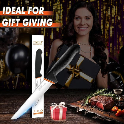 TIVOLI 6 Inch Straight Boning Knife - Breaking Butcher Knife with Ergonomic Non-Slip Softgrip & German Stainless Steel Razor Sharp Blade For Meat or Fish Deboning Filleting - Gift for Men