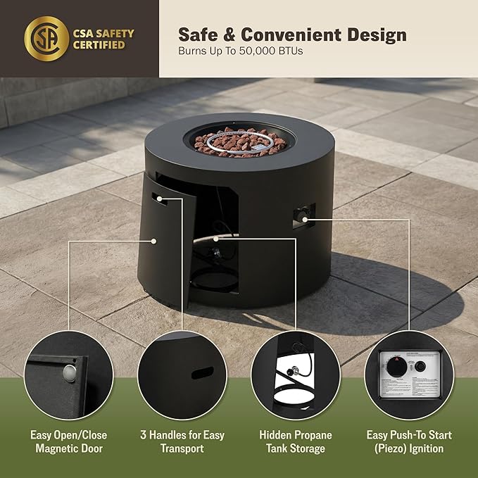 Kinger Home Loren 32-Inch Round Propane Fire Pit Table, Alloy Steel Outdoor Fire Pit with 50,000 BTUs, Includes a Burner lid, Lava Rocks and Weather Cover