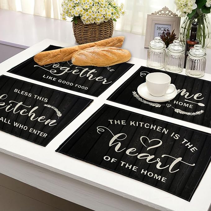 Vintage Style Placemats Set of 4 Kitchen Inspirational Quotes Rustic Home Decorative Table Mats Waterproof Heat Resistant Washable Non-Slip Place Mats for Dinner Room Kitchen Decor Table 12”×16”