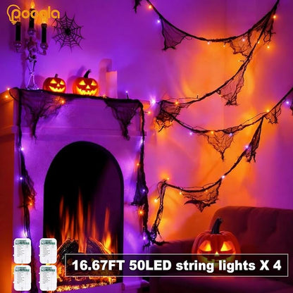 Pooqla 4 Pack String Lights Battery Operated, Total 66.6ft 200 LED Fairy Lights Indoor Outdoor Decorations, 8 Modes Battery Lights for Halloween Bedroom Classroom Porch Party Yard Decor, Orange Purple