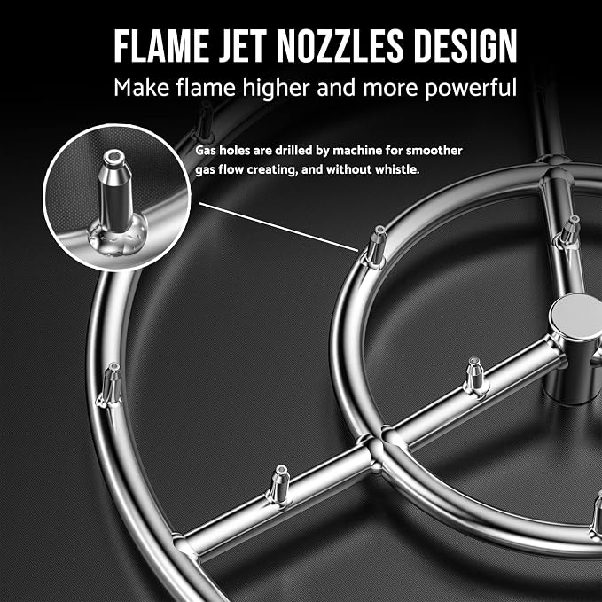 Skyflame 18 Inch Round Stainless Steel Fire Pit High Flame Burner Ring | Flame Jet Nozzles, 150,000 BTU, 1/2" NPT Inlet, 304 Stainless Steel, for NG and LP Fire pit