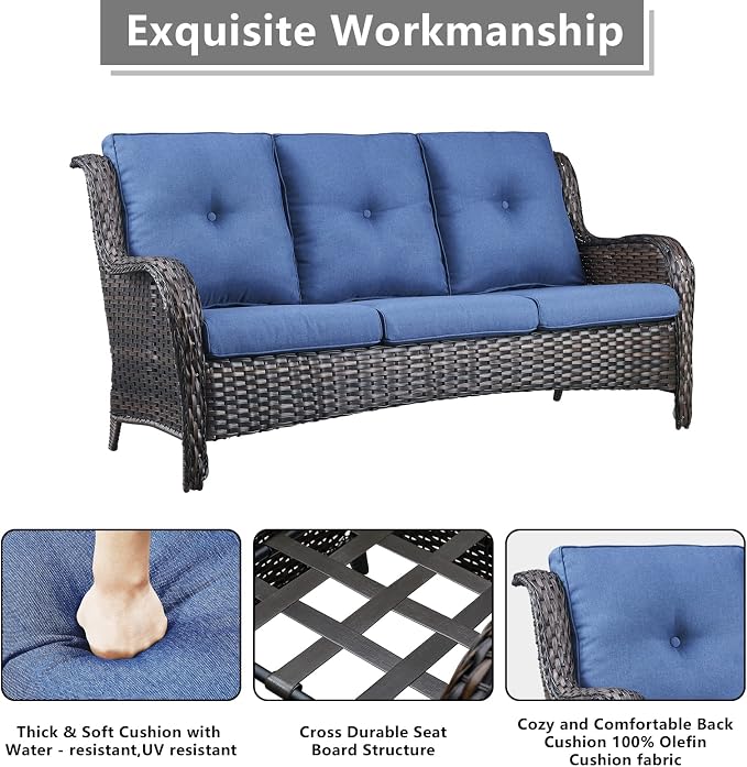 Rilyson Wicker Outdoor Patio Sofa with Ottoman, Large 3 Seater Wicker Patio Couch with 4in Replaceable Seat Cushions and Deep Seating, All Weather for Backyard, Garden, Poolside (Brown/Blue)