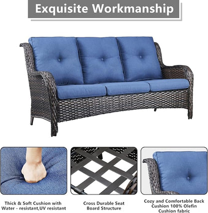 Rilyson Wicker Outdoor Patio Sofa with Ottoman, Large 3 Seater Wicker Patio Couch with 4in Replaceable Seat Cushions and Deep Seating, All Weather for Backyard, Garden, Poolside (Brown/Blue)