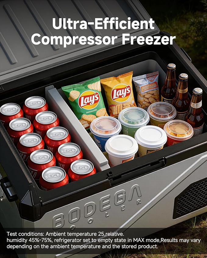 BODEGA Portable 12V Car Refrigerator, 47QT Stainless Steel Fridge with Removable Divider for Dual Zone MAX/ECO Modes & Battery Protection, Electric Cooler for RV, Truck, Camping