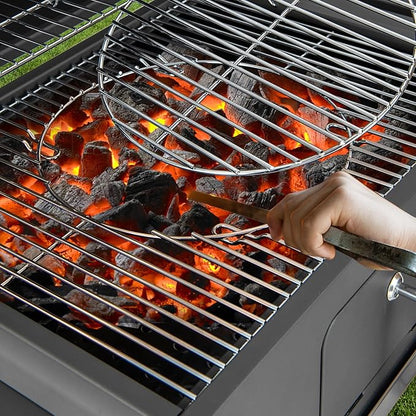 HAPPYGRILL Charcoal Grill, Heavy Duty Cooking Grill with 2 Foldable Side Tables, 8 Hooks, Storage Shelf, 2 Wheels, Flame Control, Outdoor BBQ Grill for Picnic Party Camping Backyard Patio