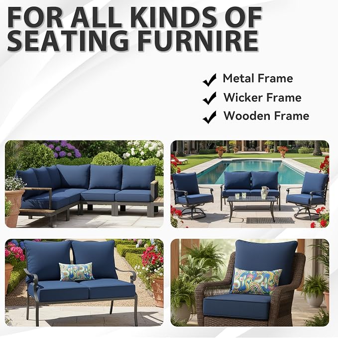 Luxury Outdoor Cushions Set 24 x 22 Inch, 5" Thick Olefin Patio Furniture Cushions, 30D Sponge Filling Fade Waterproof Fade Resistant with Removable Covers and Lumbar Pillow, Midnight Blue
