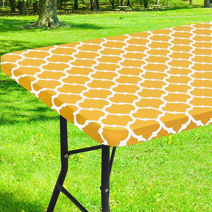 Smiry Picnic Fitted Table Cover, 5 Foot Flannel Backed Vinyl Tablecloth | Waterproof Elastic Stretch Table Cloth, Wipeable Plastic Tablecloth for Camping, Indoor & Outdoor (Mustard Yellow, 30" x 60")