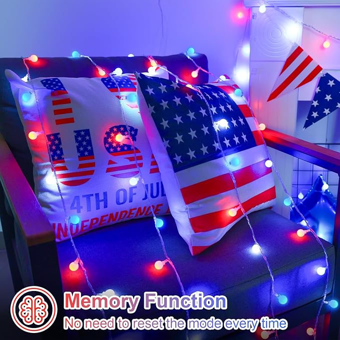 QITONG Red White and Blue Globe String Lights Outdoor, 33ft 100 LED 4th of July Globe Lights with Plug in, 8 Modes Clear String Lights for Indoor Patriotic Memorial Independence Day Decor