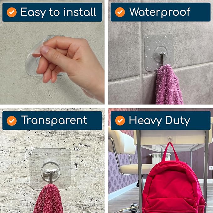 Adhesive Wall Hooks for Hanging, Heavy Duty No Drill, 22 lbs, 20 Pack | GLUIT Adhesive Wall Hooks for Hanging, Transparent Waterproof Sticky Towel Hook for Bathroom Kitchen Home Outdoor