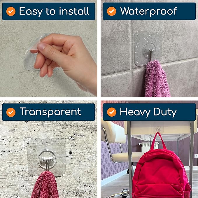 Adhesive Wall Hooks for Hanging Heavy Duty 22 lbs Hooks for Walls No Damage, Towel Sticky Clear Hooks, Waterproof, Home, Bathroom, Kitchen, Office, and Outdoor, 40 Pack