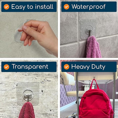 Adhesive Wall Hooks for Hanging Heavy Duty 22 lbs Hooks for Walls No Damage, Towel Sticky Clear Hooks, Waterproof, Home, Bathroom, Kitchen, Office, and Outdoor, 40 Pack