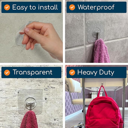 Adhesive Wall Hooks for Hanging, Heavy Duty No Drill, 22 lbs, 12 Pack | GLUIT Adhesive Wall Hooks for Hanging, Transparent Waterproof Sticky Towel Hook for Bathroom Kitchen Home Outdoor